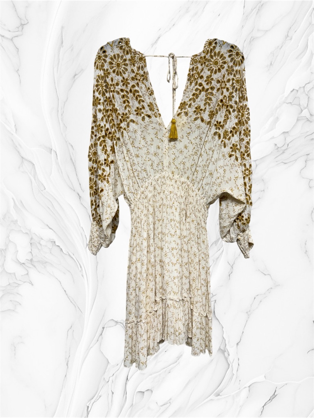 lovestitch boho Cream tunic top Dress with embroidered Floral Print on sleeves S